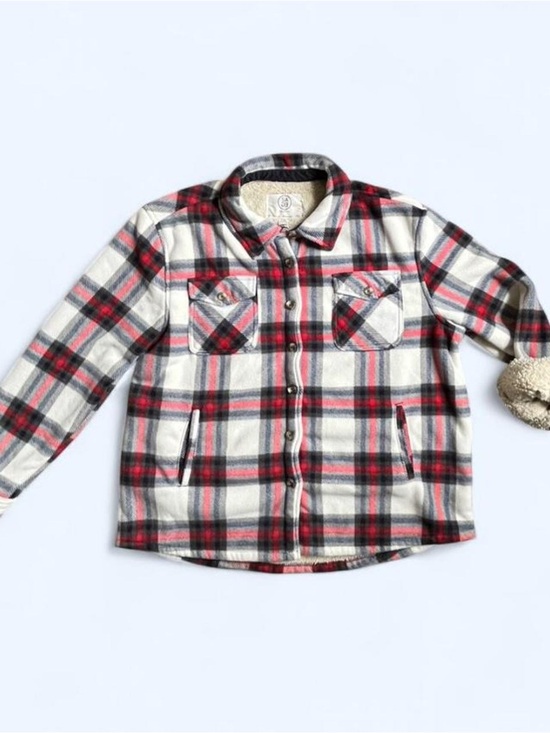 Sage Jackets & Blazers - Sage Collective Fleece Plaid Shacket Womens XL White Red Blue Sherpa Lined